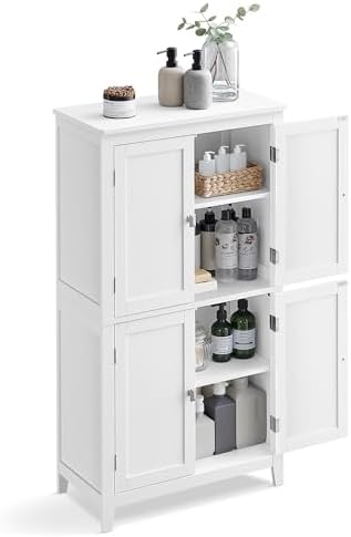 VASAGLE Bathroom Floor Storage Cabinet with 4 Doors, Cloud White