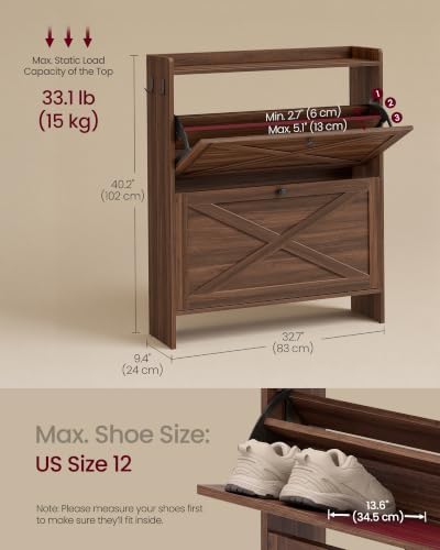 VASAGLE Narrow Shoe Storage Cabinet Organizer with 2 Flip Drawers