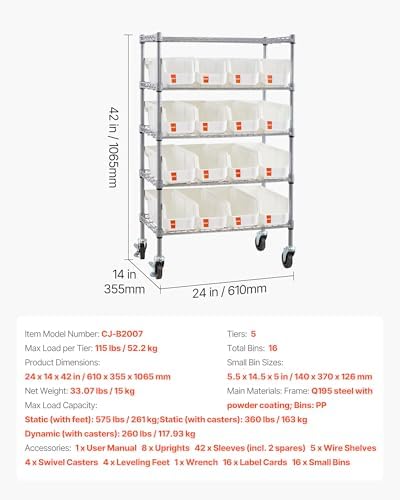 VEVOR 5-Tier Rolling Bin Storage Rack, 16 Organizer Bins, Bin Rack Storage Steel Wire Shelving System with Wheels, Mobile Tool Organizer for Garage, Warehouse, Office, Restaurant, Classroom, Kitchen