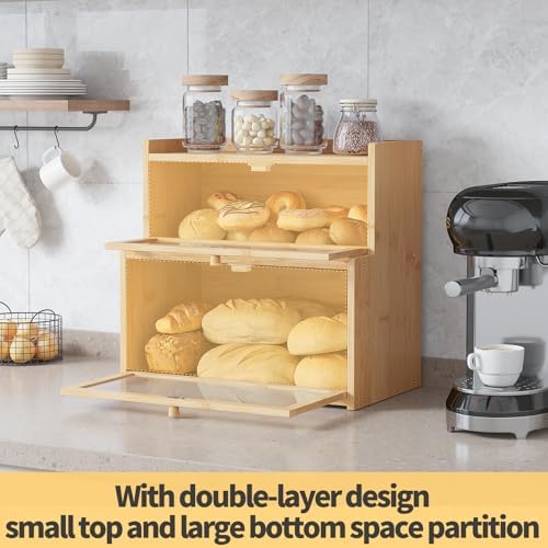 Double Layer Bamboo Bread Box for Kitchen Counter,Bread Holder,Countertop Bread Storage with Window (Natural)