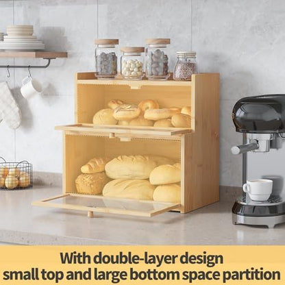 Double Layer Bamboo Bread Box for Kitchen Counter,Bread Holder,Countertop Bread Storage with Window (Natural)