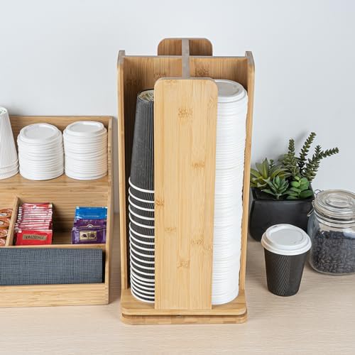 Restaurantware Restpresso 9 x 18 Inch Coffee Cup and Lid Organizer 1 Revolving Cup and Lid Holder - 4 Section Countertop Natural Bamboo Cup and Lid Dispenser For Restaurants Homes or Offices