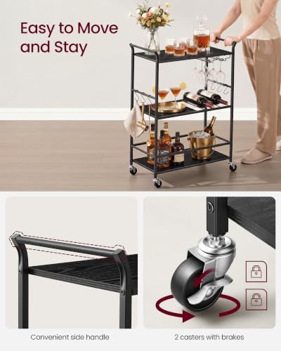 VASAGLE Bar Cart with Wheels, Drink Cart with Wine Rack and Glass Holder