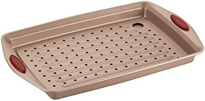 Rachael Ray Cucina Nonstick Bakeware Set with Grips, Nonstick Cookie Sheet / Baking Sheet with Crisper Pan - 2 Piece, Latte Brown with Cranberry Red Handle Grips