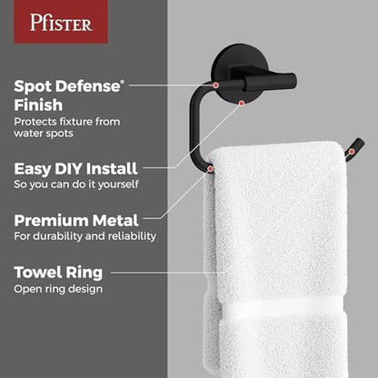 Pfister Capistrano Matte Black Towel Ring Wall-Mounted Hand Towel Holder for Bathroom Wall with Concealed Screw Installation Premium Metal Construction Farmhouse Style BRBCSO0B