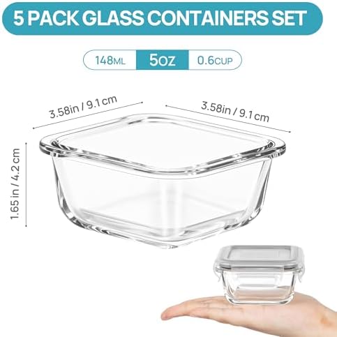 Vtopmart 5Pack 5oz Small Glass Storage Containers Set With Lids, Grey