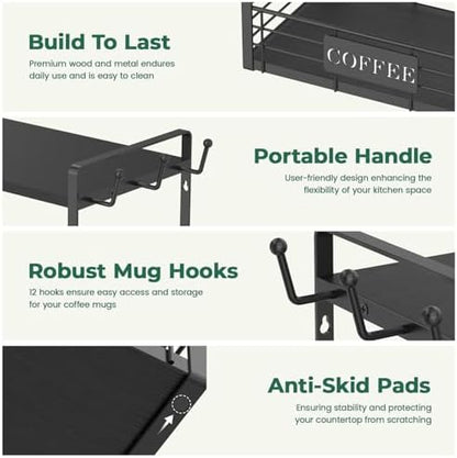 EsLuker.ly Coffee Mug Cup Holder Tree Bar Station Organizer, 2 Tier Black