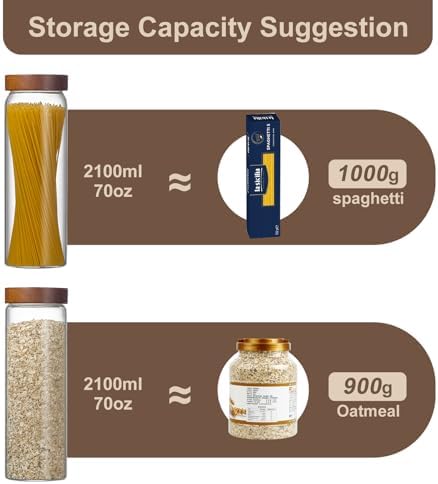 3 Pack Glass Pasta Storage Containers with Screw Wood Lid 70oz + 132 Labels