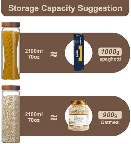 3 Pack Glass Pasta Storage Containers with Screw Wood Lid 70oz + 132 Labels