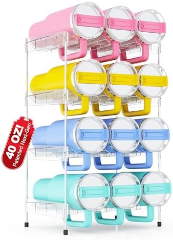 Reusable Stackable with Handle Compartment Water Bottle Tumbler Organizer for Stanley 40oz with Handle Cup, Stanley Accessories for Pantry, Cabinet & Kitchen Organization and Storage,4 Tier Hold 12