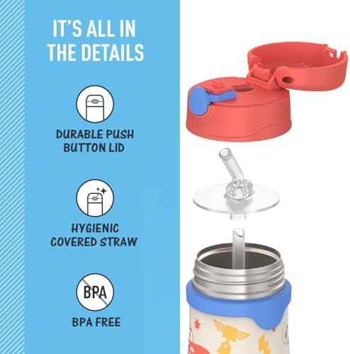 Thermos Baby 10 oz. Stainless Steel Bottle with pop-up straw, Cars