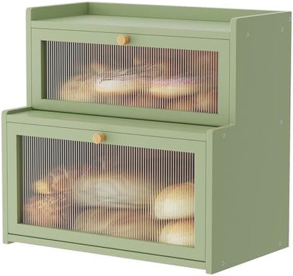 Double Layer Bamboo Bread Box for Kitchen Counter, Countertop Bread Storage Container, Bread Container Bread Storage with Window Bread Holder (Green)