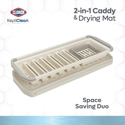 Clorox KeptClean 2-Piece Folding Kitchen Sink Mat and Sink Organizer – Folding Mat for Elevated Drying and Storage, Extending Organizer Dries 6 Plates, Flips to Dry Accessories – Almond Cream