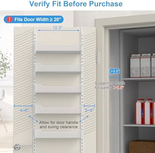 VyGrow 12.3" W Narrow Over the Door Pantry Organizer, 8-Tier Over the Door Organizer with Adjustable Basket, Pantry Door Organization for Pantry Kitchen Storage Room Spice Rack, White