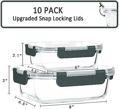 M MCIRCO 10 Pack Glass Food Storage Containers with Lids, Gray