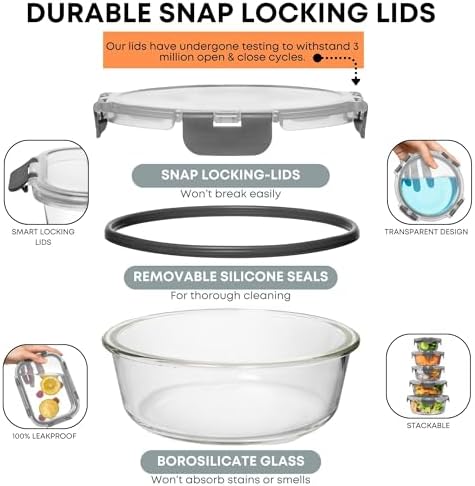 Razab 30 PC Glass Food Storage Containers with Lids - Reusable Glass Meal Prep Containers for Lunch and Leftovers - Airtight & Leakproof Snap Locking Lids - Oven, Freezer, Microwave & Dishwasher Safe