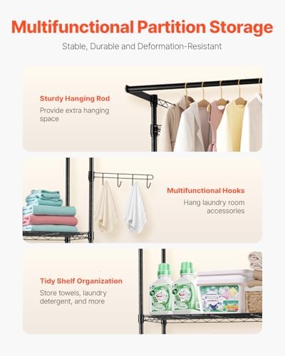 VEVOR Over the Washer and Dryer Storage Shelf, 3 Tier Laundry Room Drying Rack with Hanger Rod and Hooks, Adjustable Over Washer and Dryer Shelves, Laundry Room Shelf Storage Space Saver, Black