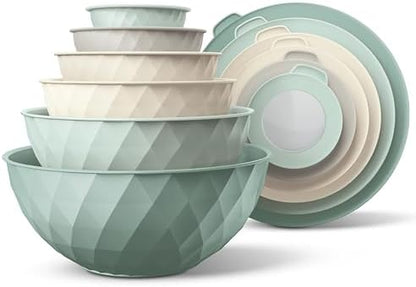 COOK WITH COLOR Mixing Bowls with Lids - 12 Piece Plastic Nesting Bowls Set includes 6 Prep Bowls and 6 Lids, Microwave Safe Mixing Bowl Set, Mint Diamond