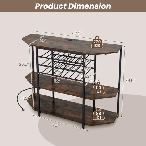 COSTWAY Wine Bar Cabinet, 3-Tier Liquor Cabinet with Power Outlets, Wine Bottle Racks, Glass Holders, Coffee Bar Cabinet, Freestanding Mini Bar Table for Kitchen, Dining Room, Pub (Rustic Brown)