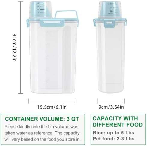 TBMax Rice Container Cereal Storage Container 2 Pack 5 Lbs, Plastic Kitchen Pantry Food Storage Container with Cup, Small Pet Dog Cat Food Dispenser -Blue