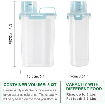 TBMax Rice Container Cereal Storage Container 2 Pack 5 Lbs, Plastic Kitchen Pantry Food Storage Container with Cup, Small Pet Dog Cat Food Dispenser -Blue