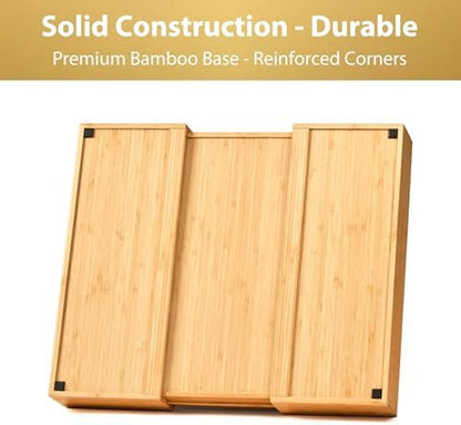Umilife Expandable Kitchen Drawer Organizer, 2.5" High Bamboo Utensils Silverware Tray, Adjustable Large Deep Wood Organization Holder