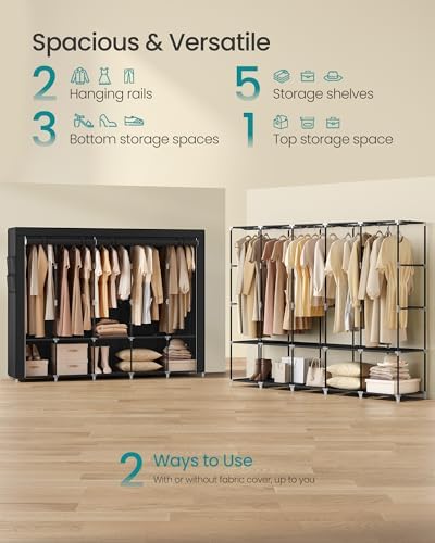 SONGMICS Portable Closet with Cover, 5 Hanging Rods and Shelves