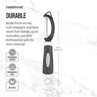 Farberware Pro2 Euro Vegetable Peeler with Swivel Blade and Built-In Bud Remover, Razor-Sharp Rust-Resistant Stainless Steel, Ergonomic Handle, Dishwasher Safe