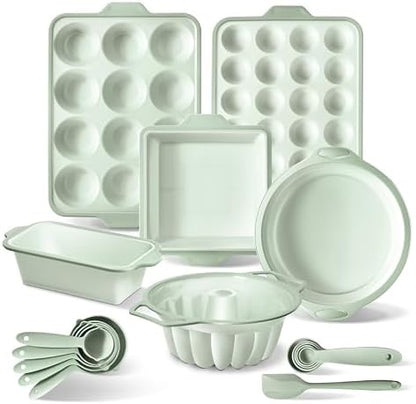 COOK WITH COLOR 17 Pc. Silicone Baking Pan Set - Non-Stick & Easy Clean Silicone Muffin Pans for Baking with Sturdy Metal Frame for Stability, Flexible Cake Molds, Includes Measuring Cups and Spoons
