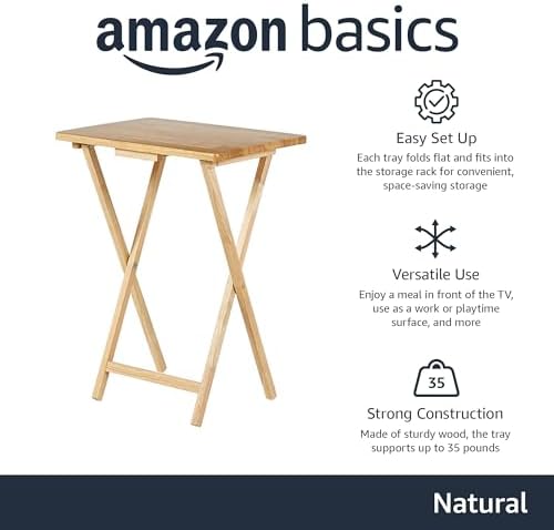 Amazon Basics Classic Foldable TV Dinner Tray Table with Storage Rack, 14.6 L x 19 W x 26 H inch, Natutral, 4-Pack