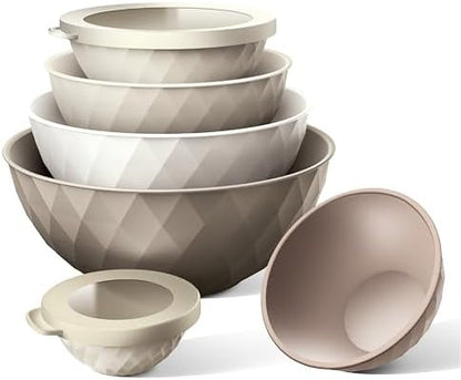 COOK WITH COLOR Mixing Bowls with Lids - 12 Piece Plastic Nesting Bowls Set includes 6 Prep Bowls and 6 Lids, Microwave Safe Mixing Bowl Set, Brown Diamond