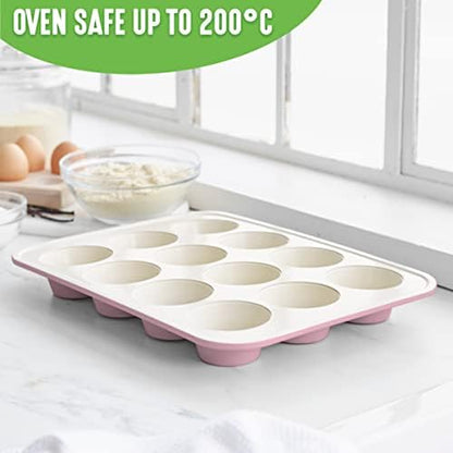 GreenLife 12-Cup Muffin Pan, Healthy Ceramic Nonstick Bakeware, PFOA & PFAS-Free Cupcake Sheet, Durable, Versatile Kitchen Essentials, Easy Clean Muffin Mold, Valentine’s Day gifting, Pink