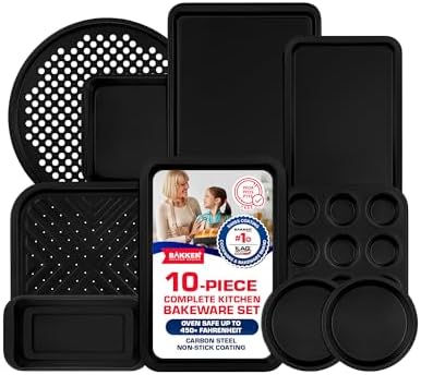 Baking Set – 10 Piece – Deluxe Non Stick Black Coating Inside and Outside – Carbon Steel Bakeware Set – PFOA PFOS and PTFE Free by Bakken