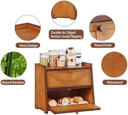 Trironsun Vintage Double Layer Bread Box for Kitchen Counter Bamboo Bread Storage Container Large Capacity Bread Storage Bin