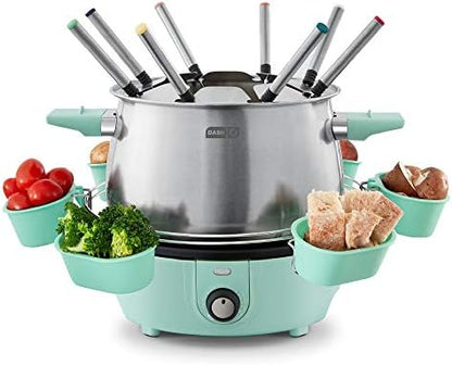 Dash Deluxe Fondue Maker - For Broth, Cheese & Chocolate - Comes with Color-Coded Fondue Forks, Cups, Rack & Recipe Guide - 3 Quarts, Aqua