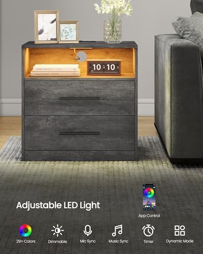 VASAGLE 23.6 Nightstands, LED Lights, Charging Station, 2 Drawers