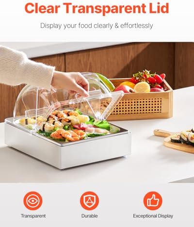 VEVOR Countertop Food Serving Display Container, 1 x 1/2 Pan Stainless Steel Food Serving Tray, Buffet Condiment Dispenser Display Rack with Clear Lid & Ice Tray, for Restaurant Hotel Kitchen Party