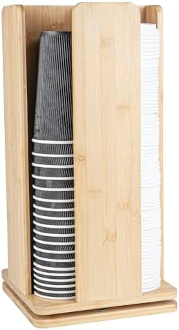 Restaurantware Restpresso 9 x 18 Inch Coffee Cup and Lid Organizer 1 Revolving Cup and Lid Holder - 4 Section Countertop Natural Bamboo Cup and Lid Dispenser For Restaurants Homes or Offices