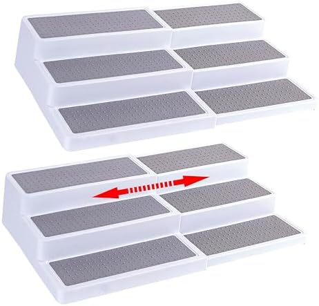 Oizeir Plastic 3-Tier Expandable Spice Rack, Adjustable Length, Stability with Non-Skid Shelf, For Easy Visibility, Organizer for Kitchen Cabinet, Pantry or Countertop, (2-Pack), White/Grey