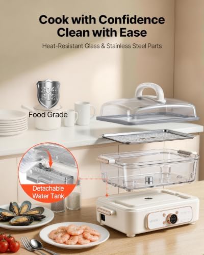 VEVOR Electric Food Steamer 6.3 QT Glass with 2-Tier Stainless Steel Trays, 1200W Vegetable Steamer for Cooking, 1-3 Servings, Pre-Programmed Settings, Delay Start, for Veggies, Seafood & Rice, White