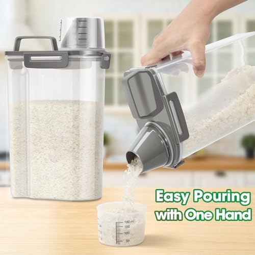 TBMax Rice Container Cereal Storage Container 2 Pack 5 Lbs, Kitchen Pantry Dry Food Storage Holder with Easy-Pouring Spout & Handy Cup, Small Pet Dog Cat Food Dispenser for Daily Feeding -Grey
