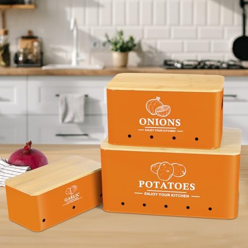 Kitchen Vegetable Storage Set of 3, Metal Onion Garlic Potato Storage Set, Kitchen Canisters Vegetable Keeper Containers with Aerating Holes and Bamboo Lid,Orange