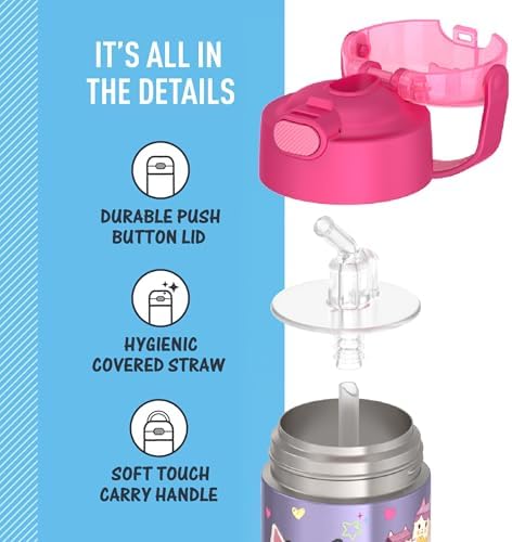 THERMOS FUNTAINER Water Bottle with Straw - 12 Ounce - Kids Stainless Steel Vacuum Insulated Water Bottle with Lid,Gabby’s Dollhouse,(Pack of 6)