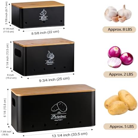 Potato Onion Garlic Storage Bin, Black, Set of 3