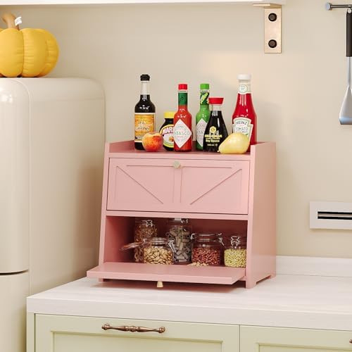 Trironsun Vintage Double Layer Bread Box for Kitchen Counter Bamboo Bread Storage Container Large Capacity Bread Storage Bin (Pink)
