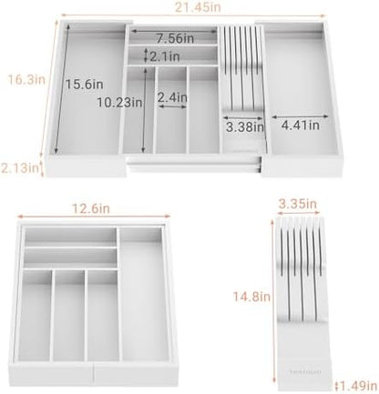 TIOPGHAD Expandable Bamboo Silverware Drawer Organizer Kitchen Tray, White