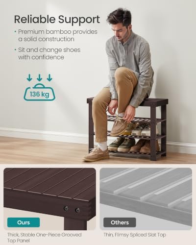 SONGMICS Bamboo Shoe Bench with Seat, 11.3 x 27.6 x 20.5 Inches