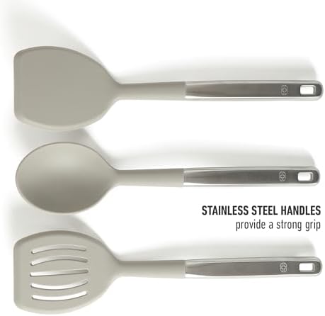 Calphalon Prime 7-Piece Silicone and Teak Wood Kitchen Tool Set, Stainless Steel Kitchen Utensil Set, Kitchen Spoon And Spatula Set, Heat Resistant Non-Slip Kitchen Gadgets Set - Taupe