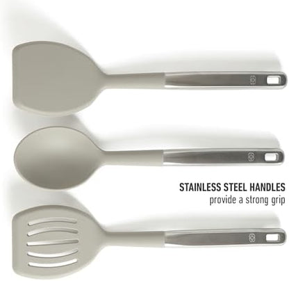 Calphalon Prime 7-Piece Silicone and Teak Wood Kitchen Tool Set, Stainless Steel Kitchen Utensil Set, Kitchen Spoon And Spatula Set, Heat Resistant Non-Slip Kitchen Gadgets Set - Taupe