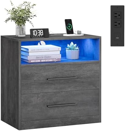 VASAGLE 23.6 Nightstands, LED Lights, Charging Station, 2 Drawers